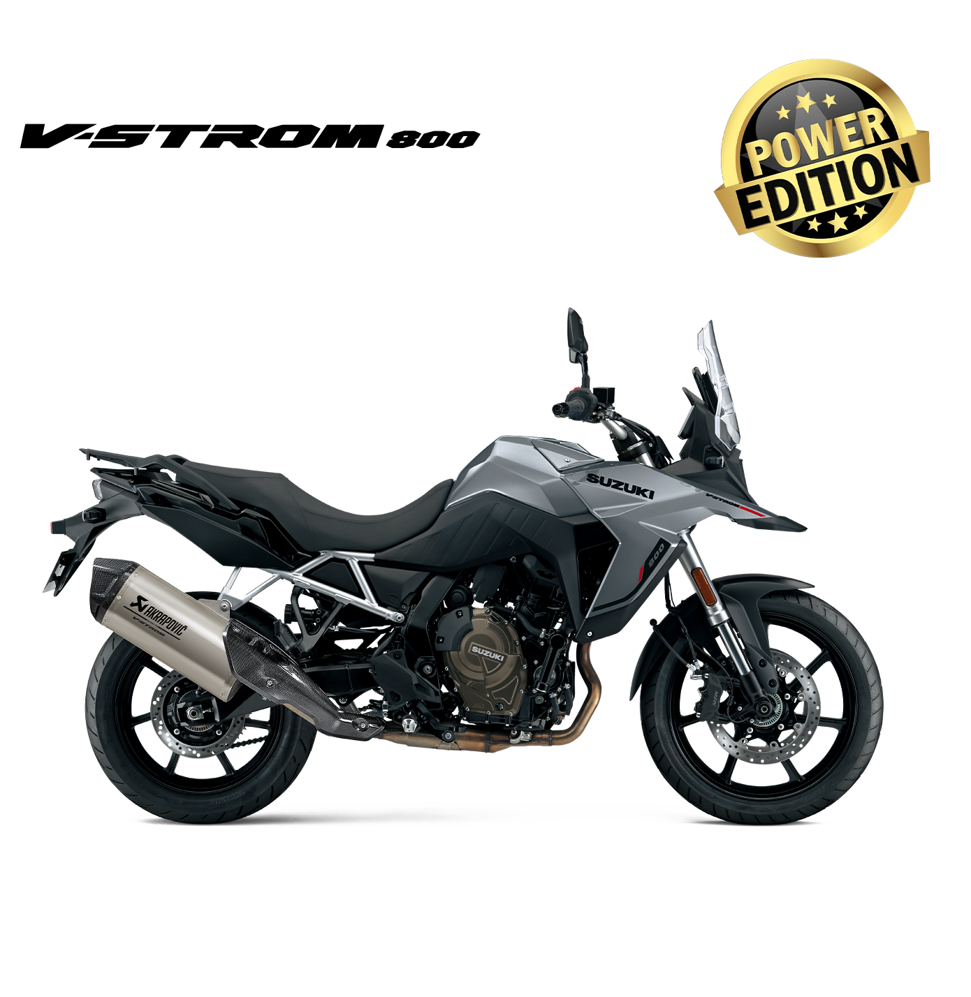Rechte Seitenansicht der V-Strom 800 in Grau (QEB) mit Akrapovič Slip-On Endschalldämpfer