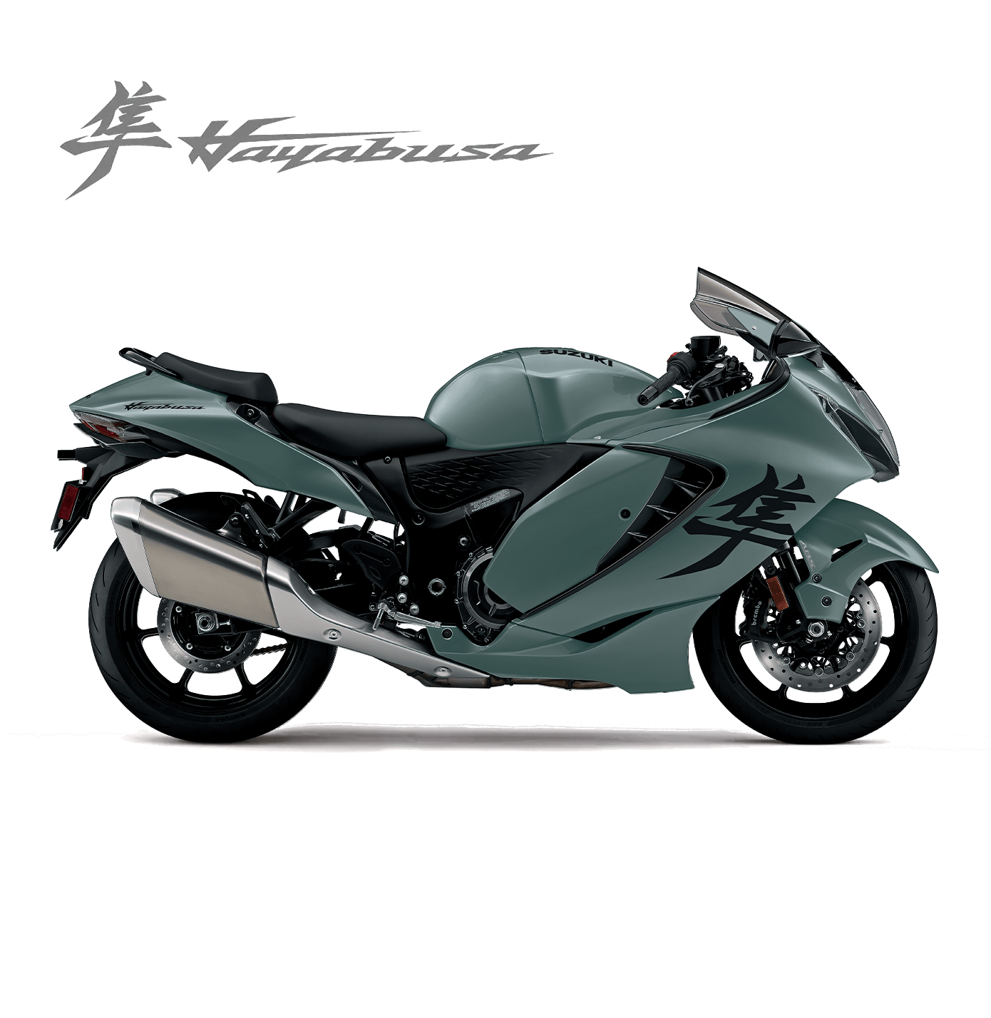 Suzuki Hayabusa 2025 in mattem Grau, sportliches Motorrad in Seitenansicht mit schwarzem Kanji-Logo