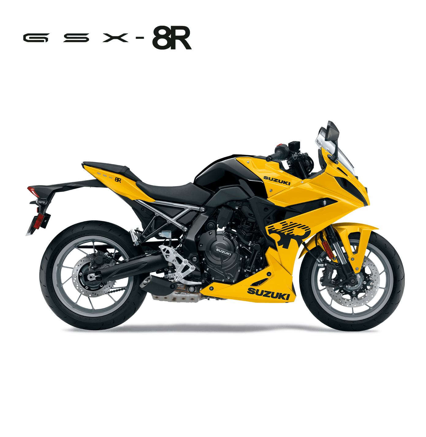 Suzuki GSX-8R gelb-schwarz, sportliches Motorrad 2025 in linker Seitenansicht, vollverkleidet, markantes Design
