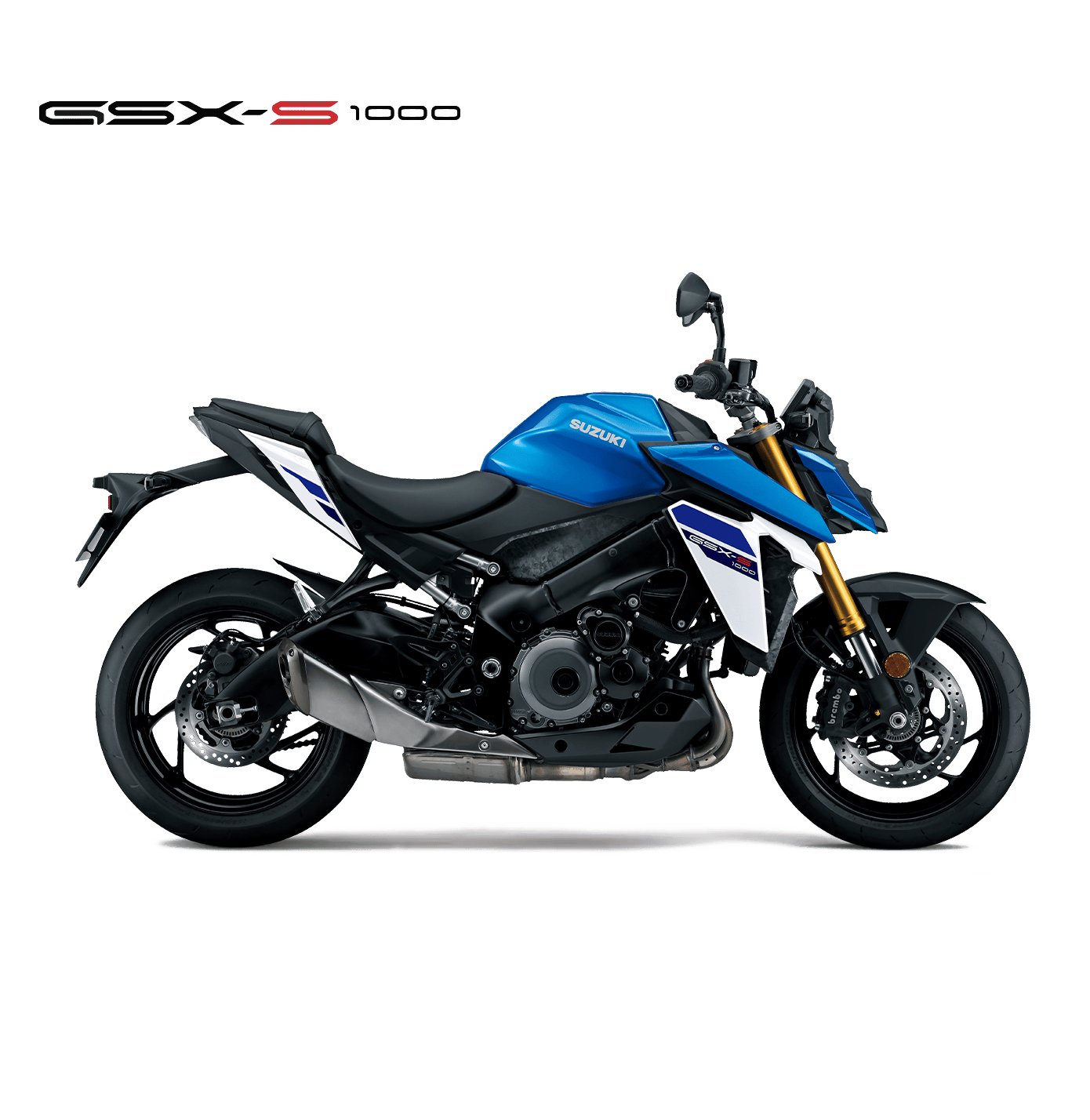 Suzuki GSX-S1000 blau-weiß, Naked Bike 2025, linker Profilblick, sportliches Design mit goldfarbener Frontgabel und schwarzem Motorblock