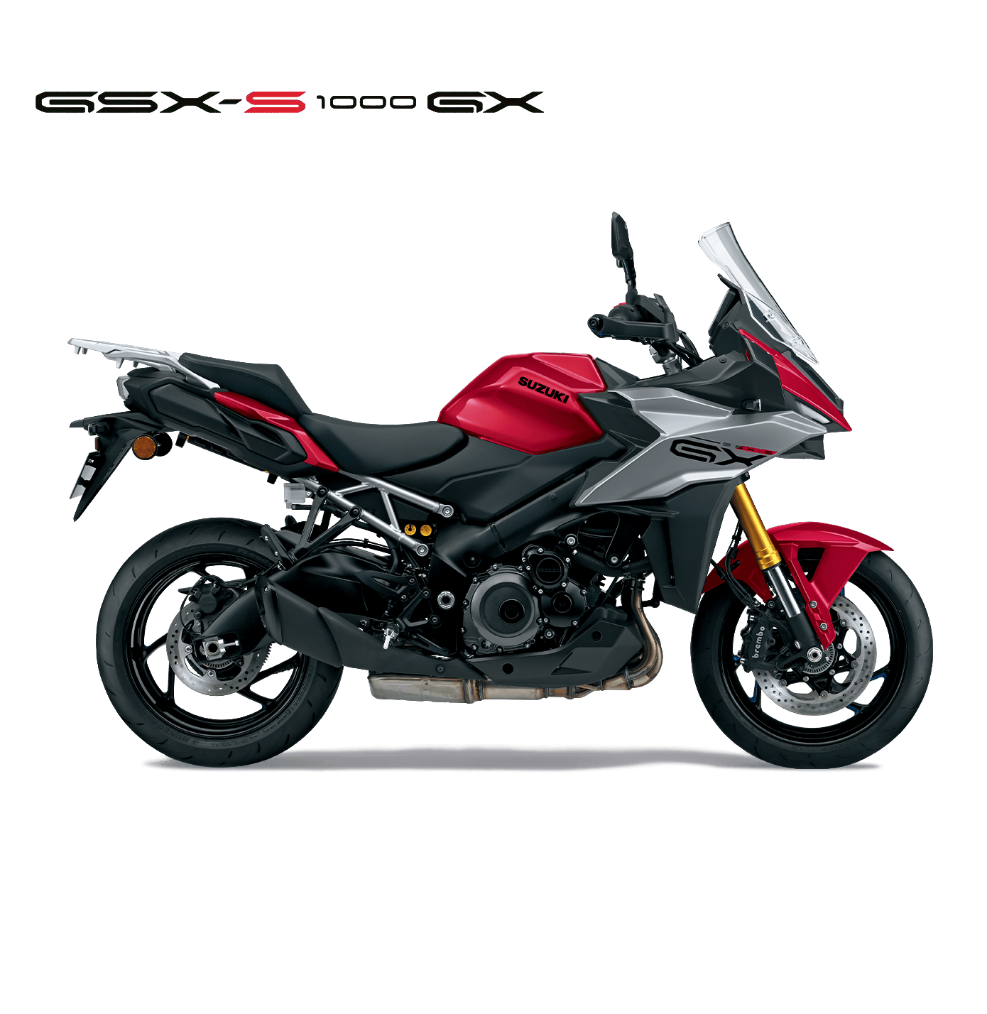 Suzuki GSX-S1000GX rot-grau, Crossover Motorrad 2025, linker Profilblick mit Windschild, sportliches Adventure-Design und goldfarbener Frontgabel