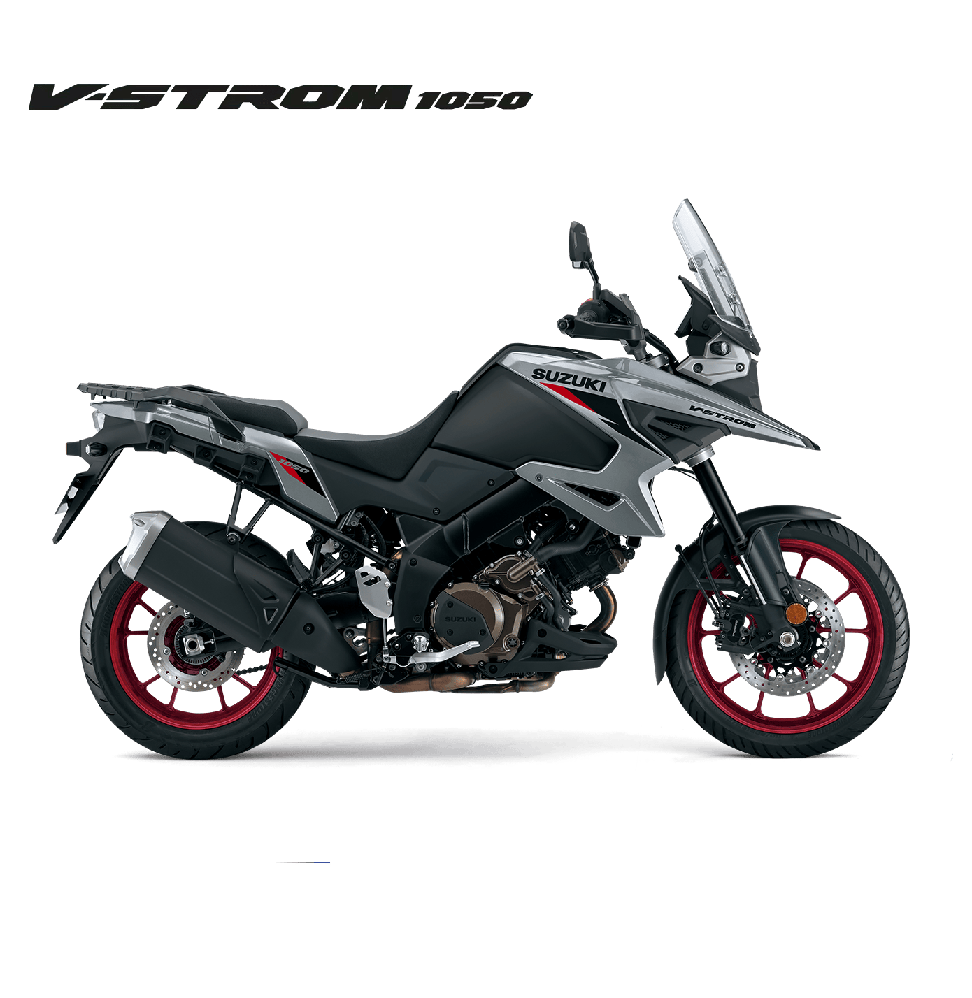 Suzuki V-Strom 1050 silber-schwarz, Adventure Touring Motorrad 2025, linker Profilblick mit Windschild und roten Felgen