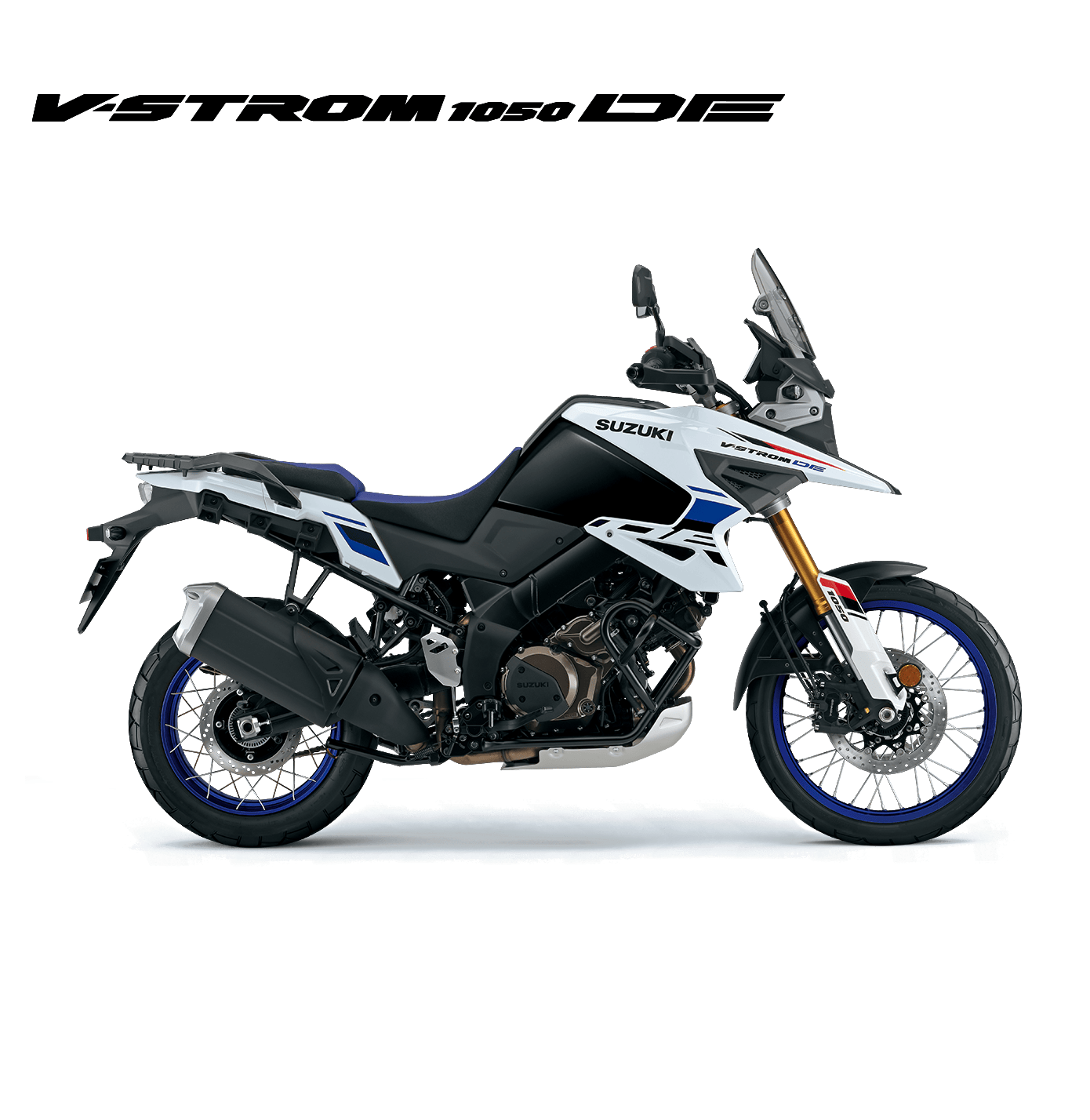 Suzuki V-Strom 1050DE weiß-schwarz-blau, Adventure Enduro Motorrad 2025, linker Profilblick mit hohem Windschild, Speichenfelgen und goldfarbener Frontgabel