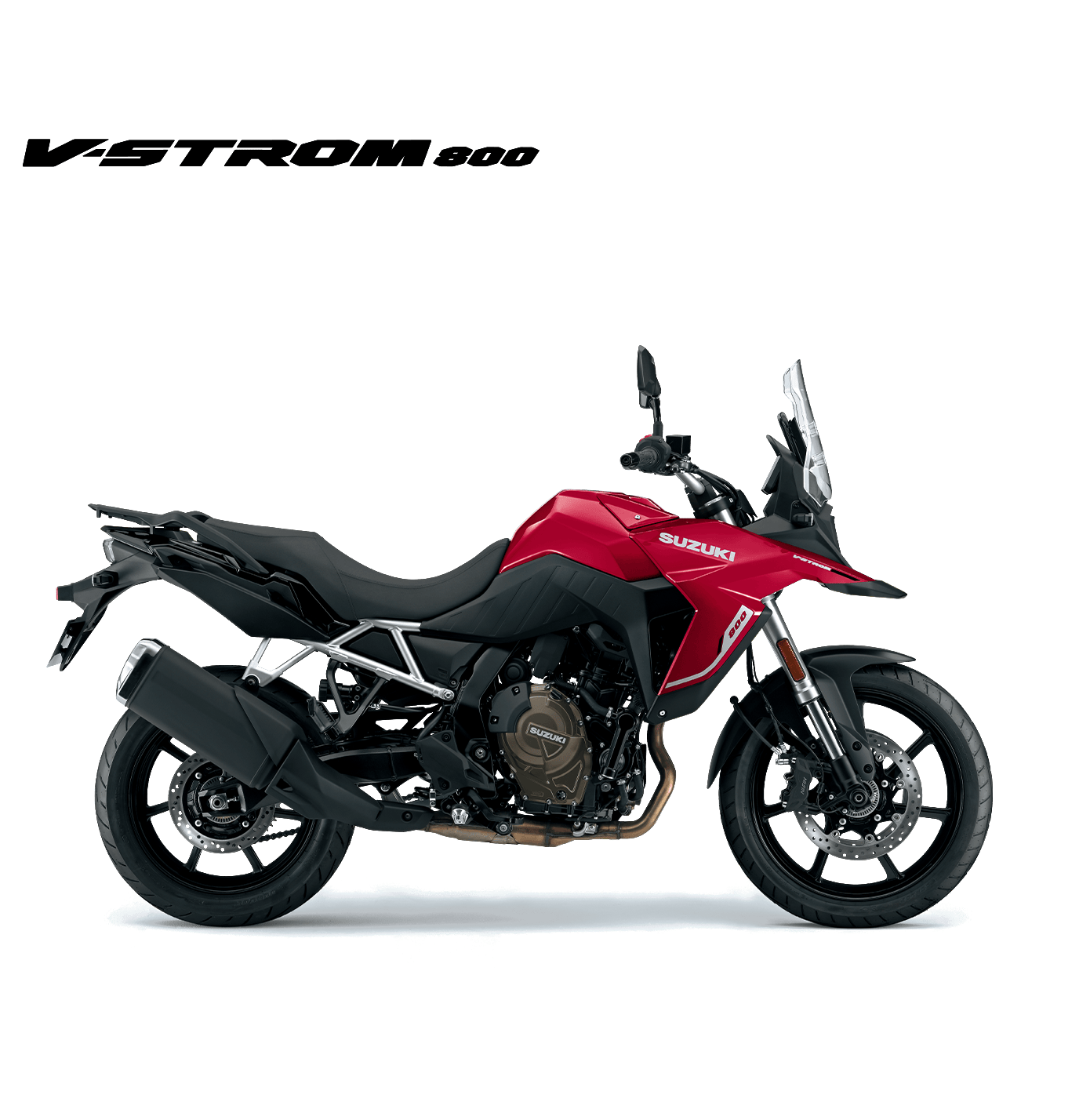 Suzuki V-Strom 800 rot-schwarz, Adventure Touring Motorrad 2025, linker Profilblick mit Windschild und schwarzem Motorblock