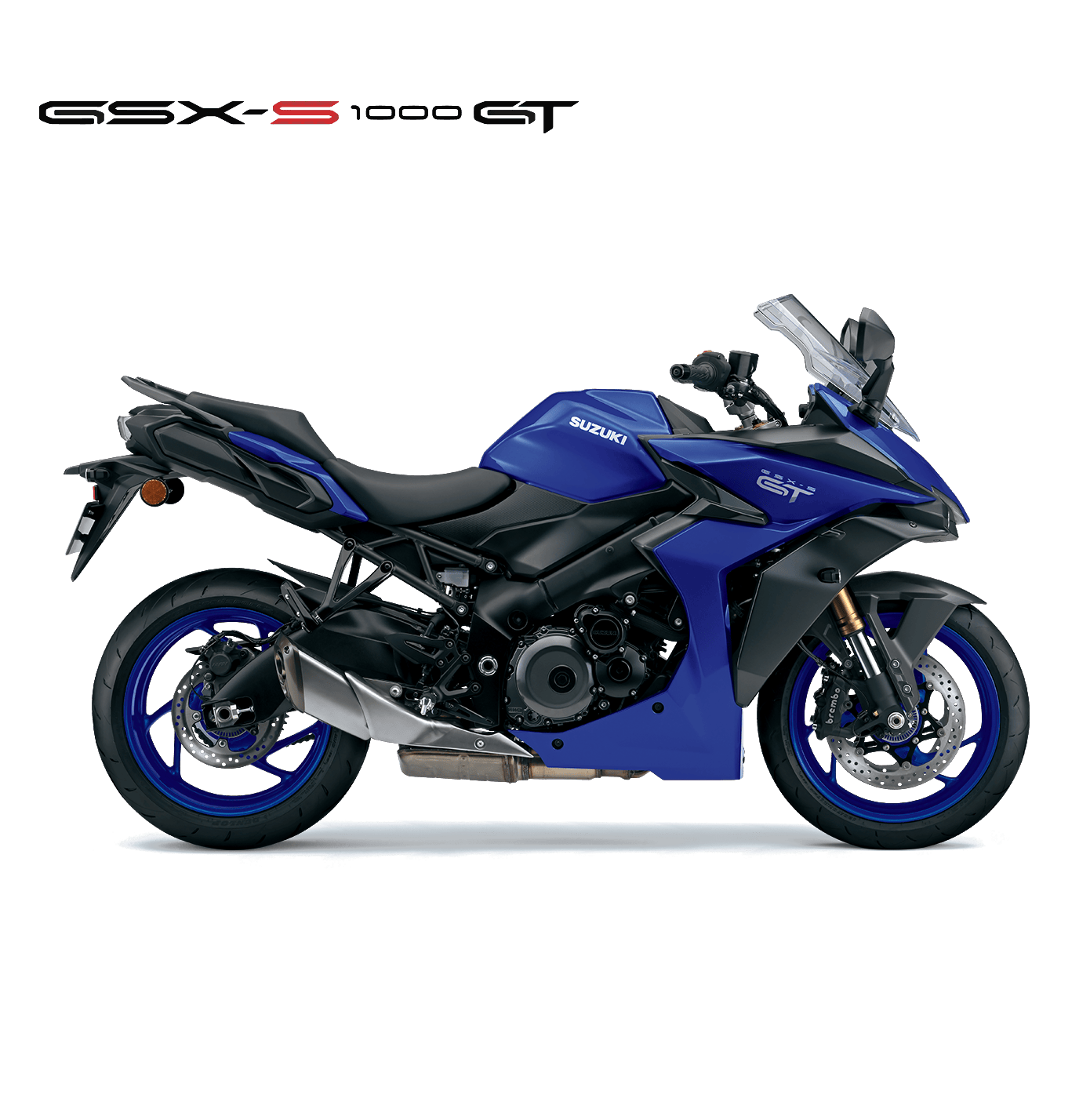 Suzuki GSX-S1000GT blau-schwarz, Sporttouring Motorrad 2025, linker Profilblick mit hohem Windschild und blauen Felgen