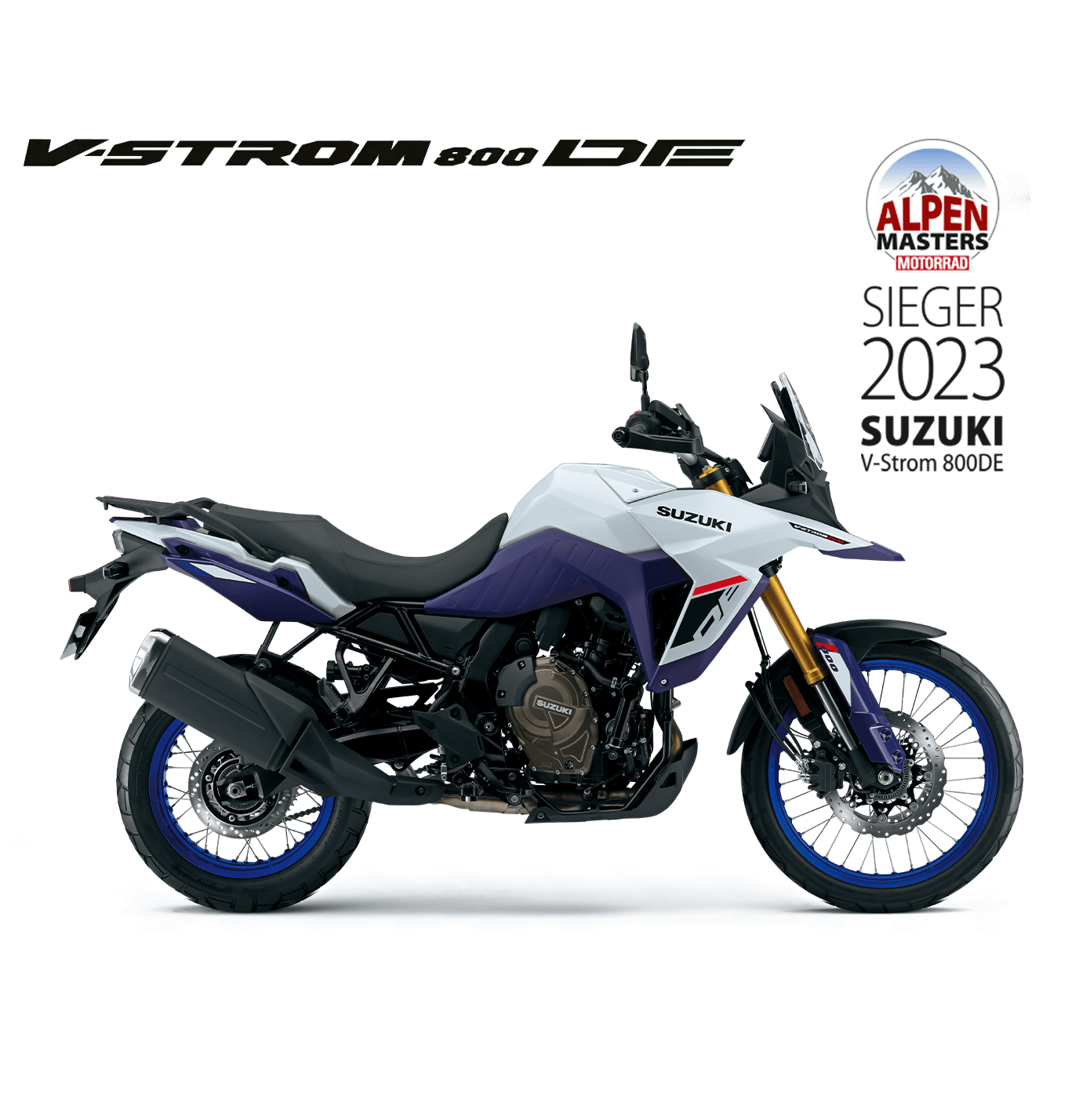 Suzuki V-Strom 800DE weiß-blau, Adventure Enduro Motorrad 2025, linker Profilblick mit goldfarbener Gabel, Alpen Masters Sieger 2023