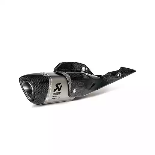 Detailansicht vom Akrapovič Sportauspuff aus Titan und Carbon als Suzuki Zubehör.