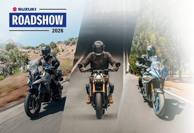 Collage zur Suzuki Roadshow 2026 mit drei Motorrädern in Fahrt: Eine V-Strom 800, eine GSX-8T und eine GSX-S1000GX vor verschiedenen Landschaftskulissen.