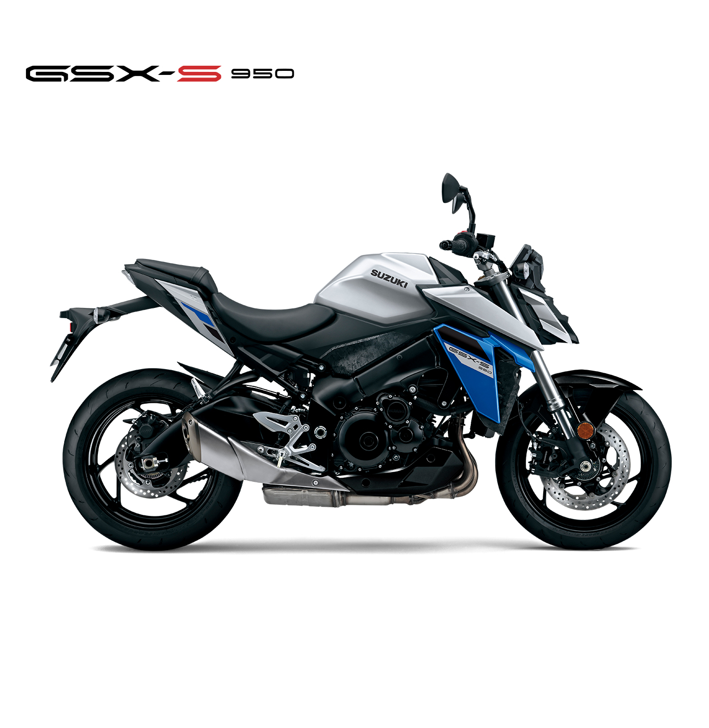 Suzuki GSX-S950 silber-blau, Naked Bike Motorrad 2025, linker Profilblick, sportliches Design mit schwarzem Motorblock und kompaktem Heck