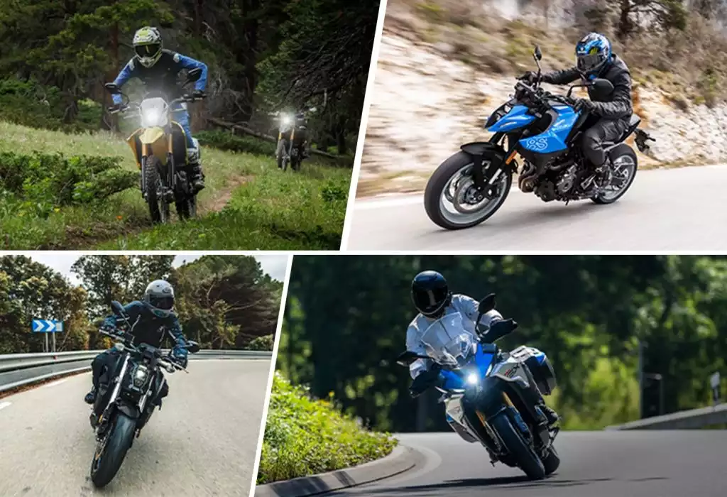 Collage mit vier Motorrädern in Aktion auf Straße und Gelände