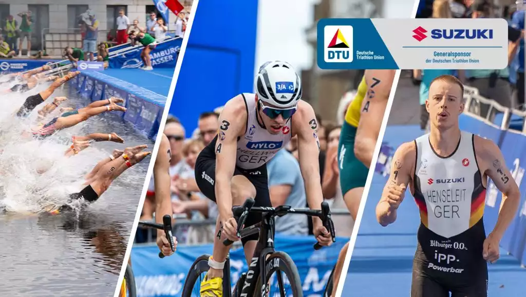 Triathleten beim Wettkampf, gesponsert von Suzuki und der Deutschen Triathlon Union
