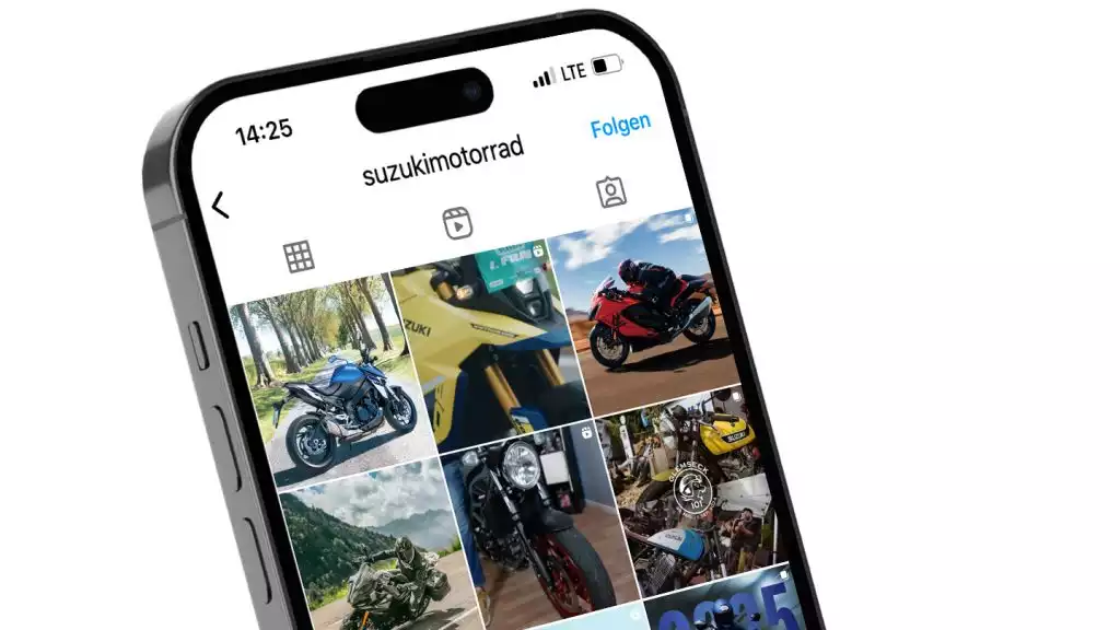 Handy zeigt den Instagram-Feed von suzukimotorrad mit vielfältigen Suzuki Motorradbildern.