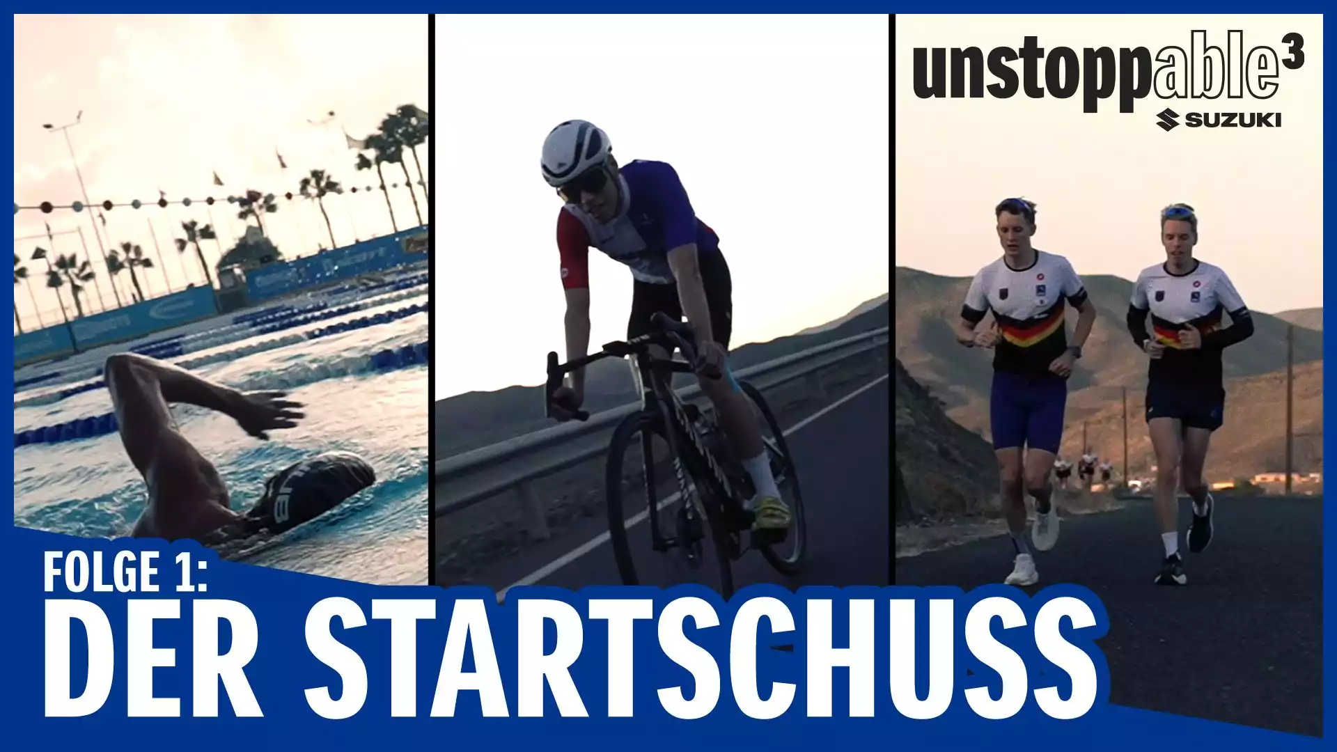 Triathleten beim Schwimmen, Radfahren und Laufen, mit Suzuki-Logo und 'Der Startschuss' Text.