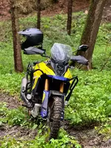 Gelbes Suzuki Adventure-Motorrad im Waldgelände.