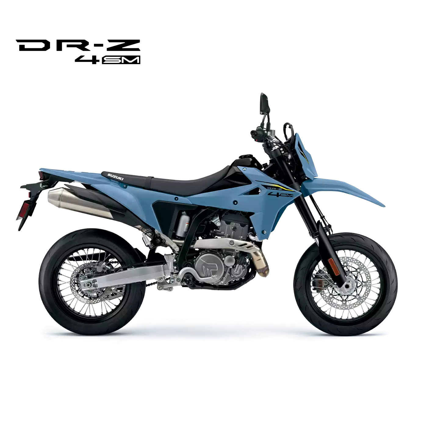 Seitenansicht des blauen Suzuki DR-Z4SM Motorrads mit schwarzem Rahmen und Auspuff