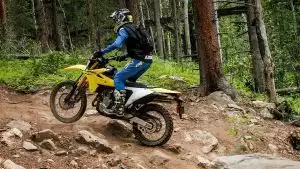 Motorradfahrer auf gelber Suzuki DR-Z4S im Gelände, umgeben von Wald.