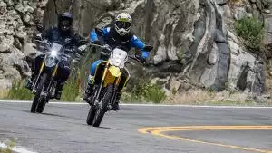 Zwei Suzuki Motorräder in Kurvenfahrt auf Bergstraße.