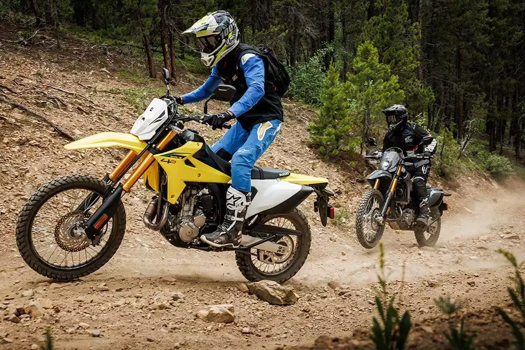 Zwei Suzuki Motorradfahrer in voller Ausrüstung auf Enduro-Bikes befahren einen staubigen Offroad-Trail im Wald.