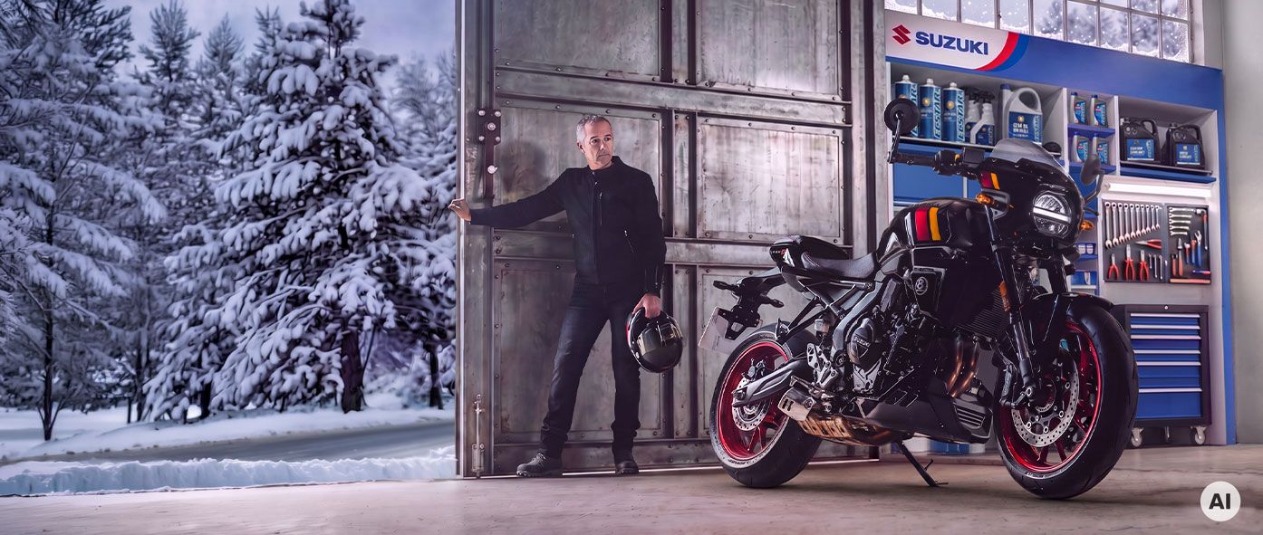 Ein Motorradfahrer mit Helm in der Hand öffnet das Werkstatttor zu einer verschneiten Winterlandschaft neben einer schwarzen Suzuki GSX-8TT im Servicebereich.
