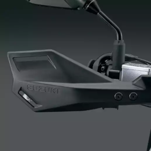 Schwarze Handprotektoren des Suzuki Motorrads mit Suzuki-Logo
