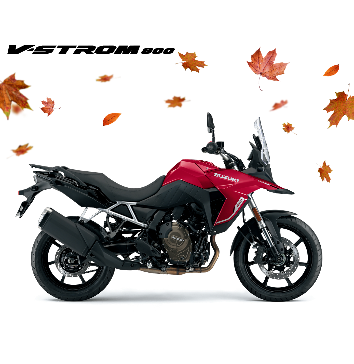 Suzuki V-Strom 800 rot-schwarz, Adventure Touring Motorrad 2025, linker Profilblick mit Windschild und schwarzem Motorblock