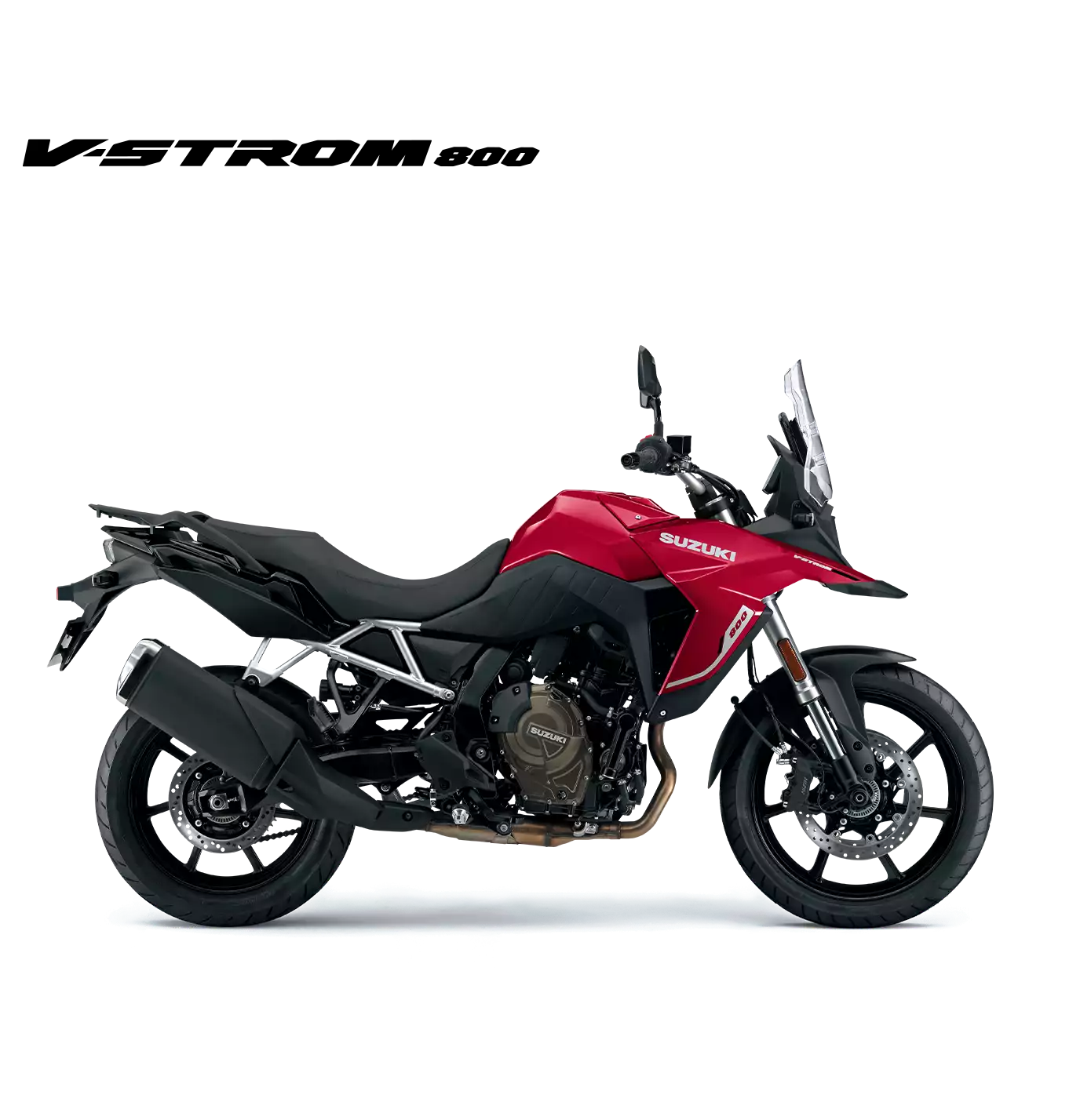 Suzuki V-Strom 800 rot-schwarz, Adventure Touring Motorrad 2025, linker Profilblick mit Windschild und schwarzem Motorblock
