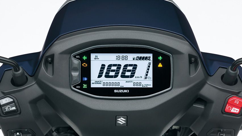 Das voll digitale LCD-Cockpit des Suzuki Address 125 zeigt übersichtlich alle wichtigen Fahrinformationen – inklusive Geschwindigkeit, Uhrzeit, Verbrauchsanzeige, Temperatur, Ölwechselintervall und Eco Drive-Indikator.