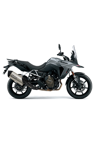 Rechte Seitenansicht der V-Strom 800 in Grau (QEB) mit Akrapovič Slip-On Endschalldämpfer