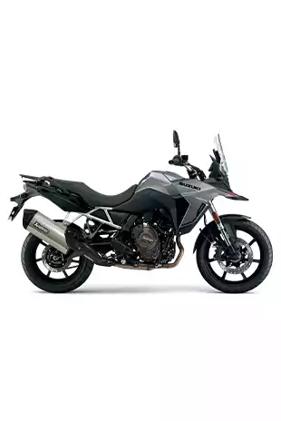 Rechte Seitenansicht der V-Strom 800 in Grau (QEB) mit Akrapovič Slip-On Endschalldämpfer