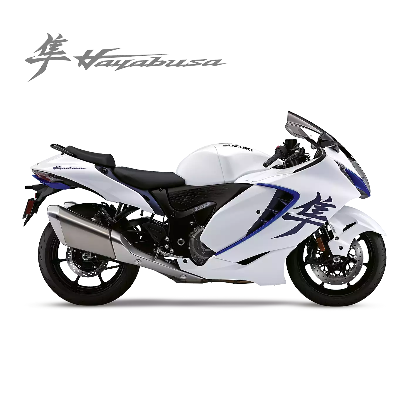 Suzuki Hayabusa 2025 in mattem Grau, sportliches Motorrad in Seitenansicht mit schwarzem Kanji-Logo