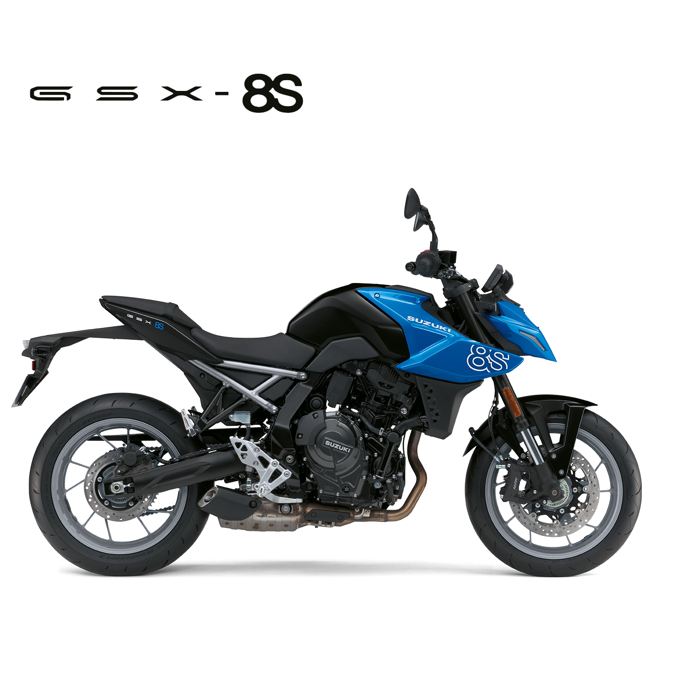 Suzuki GSX-8S schwarz-blau, Naked Bike 2025, linker Profilblick mit schwarzen Felgen, sportliches Design