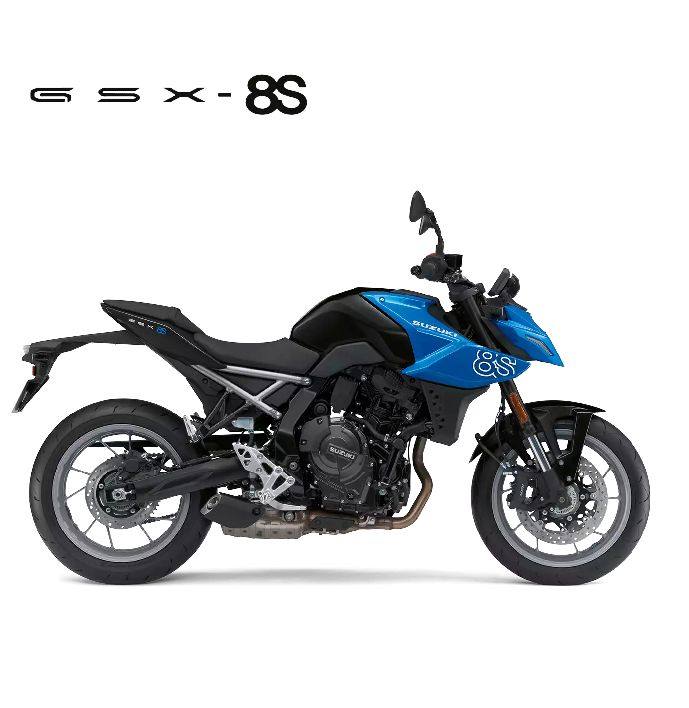 Suzuki GSX-8S schwarz-blau, Naked Bike 2025, linker Profilblick mit schwarzen Felgen, sportliches Design