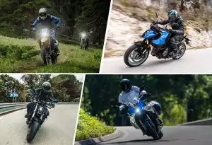 Collage mit vier Motorrädern in Aktion auf Straße und Gelände