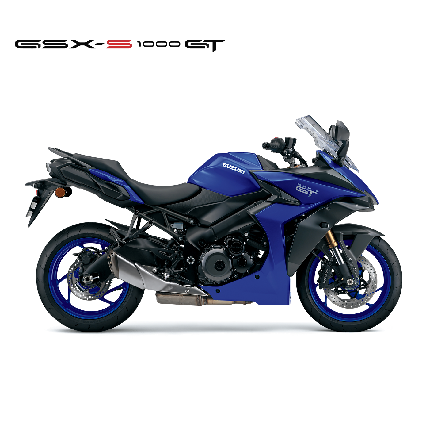 Suzuki GSX-S1000GT blau, Sporttouring Motorrad 2026, linker Profilblick mit hohem Windschild und blauen Felgen