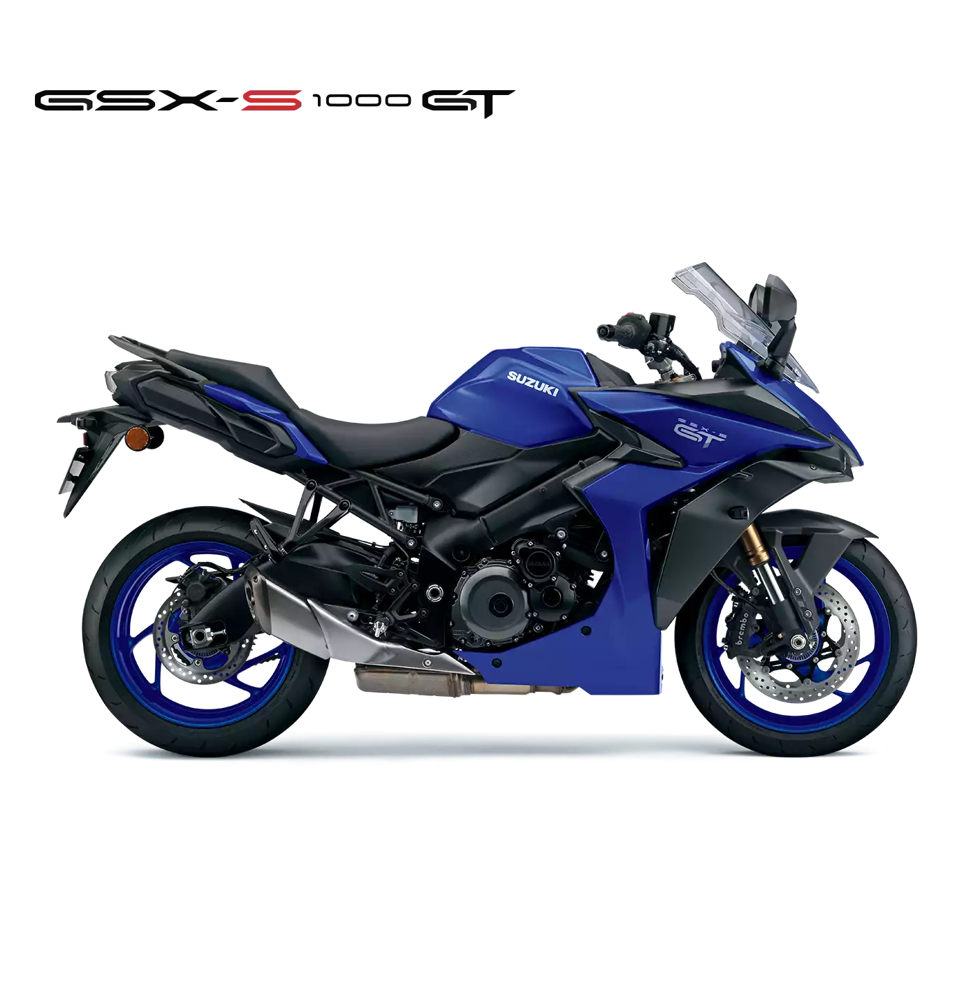 Suzuki GSX-S1000GT blau, Sporttouring Motorrad 2026, linker Profilblick mit hohem Windschild und blauen Felgen