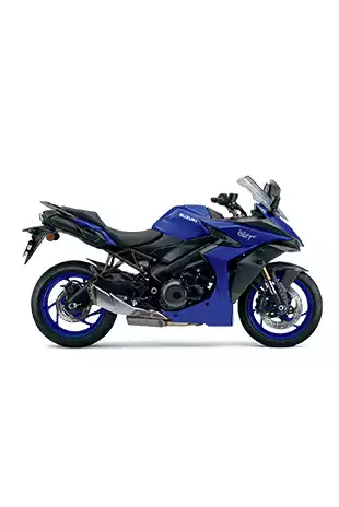 Seitenansicht der GSX-S1000GT in der Farbe Pearl Vigor Blue (YKY)