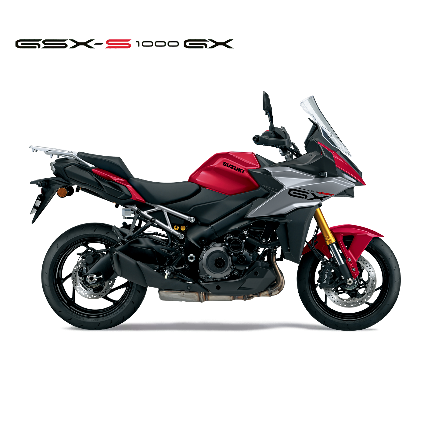 Suzuki GSX-S1000GX rot-grau, Crossover Motorrad 2025, linker Profilblick mit Windschild, sportliches Adventure-Design und goldfarbener Frontgabel
