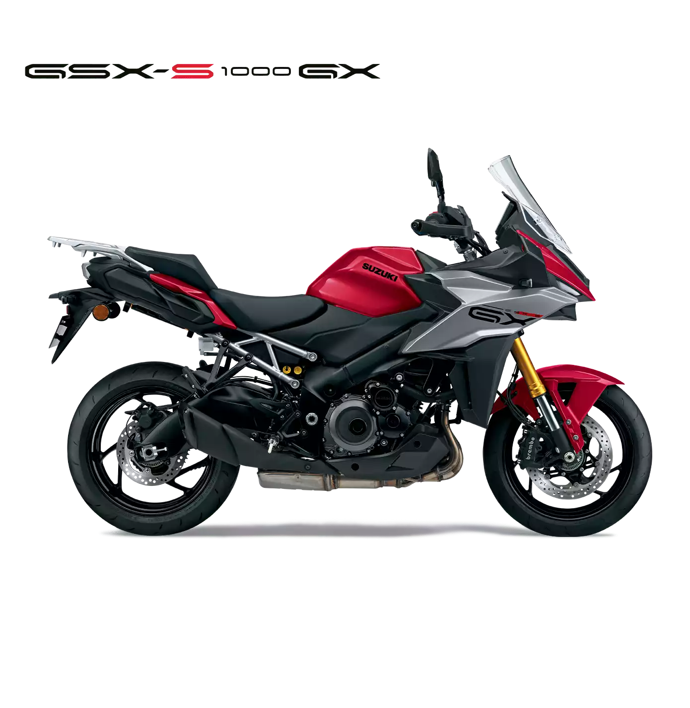 Suzuki GSX-S1000GX rot-grau, Crossover Motorrad 2025, linker Profilblick mit Windschild, sportliches Adventure-Design und goldfarbener Frontgabel
