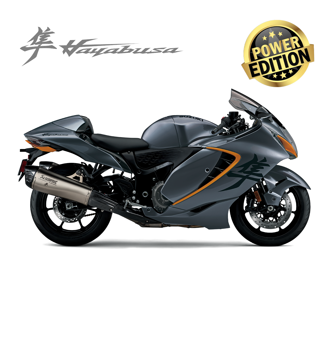 Rechte Seitenansicht der Hayabusa Grau (C81) mit Akrapovič Slip-On Endschalldämpfer