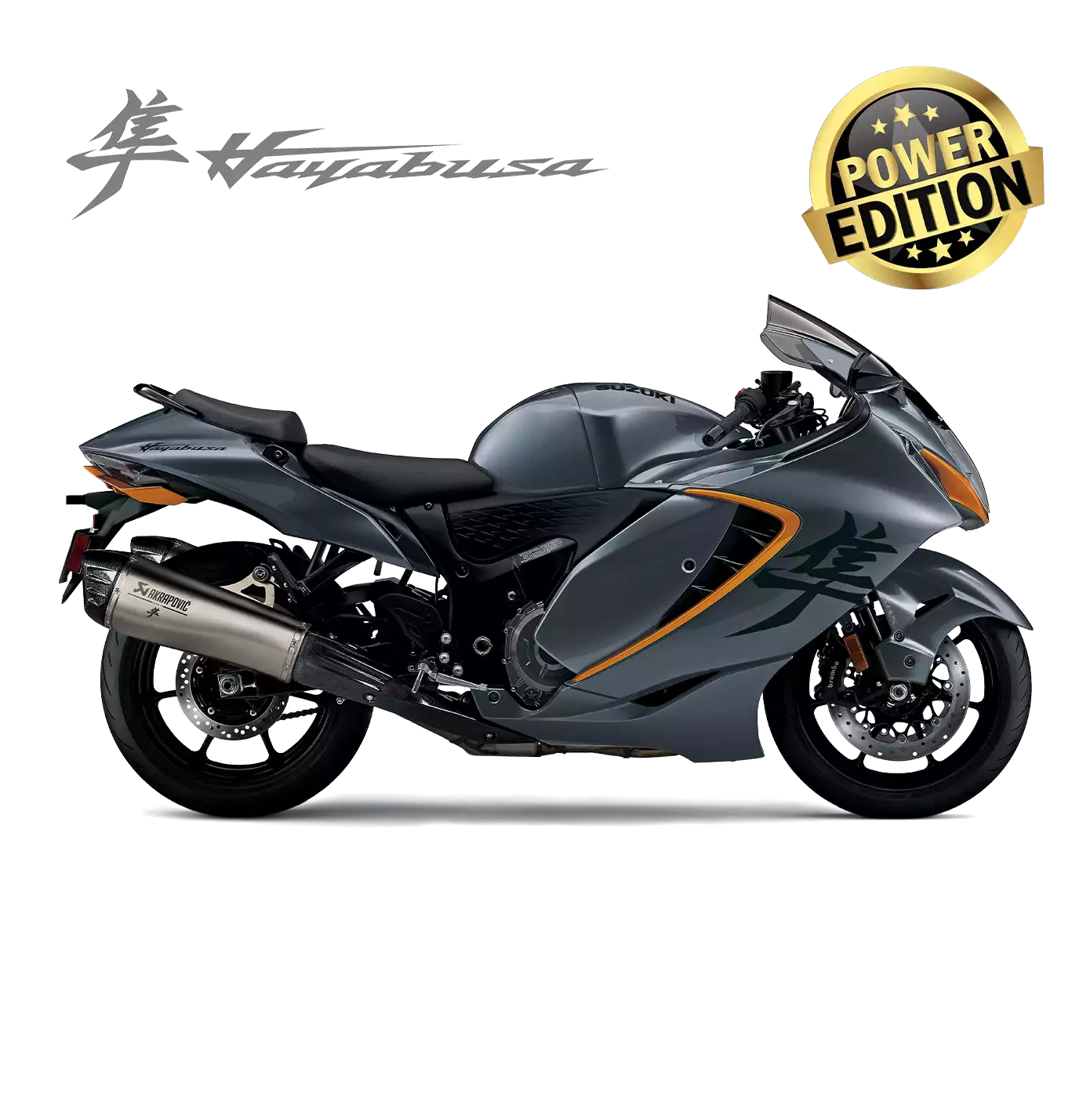 Rechte Seitenansicht der Hayabusa Grau (C81) mit Akrapovič Slip-On Endschalldämpfer