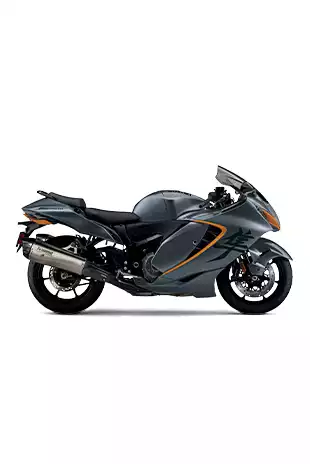 Rechte Seitenansicht der Hayabusa Grau (C81) mit Akrapovič Slip-On Endschalldämpfer
