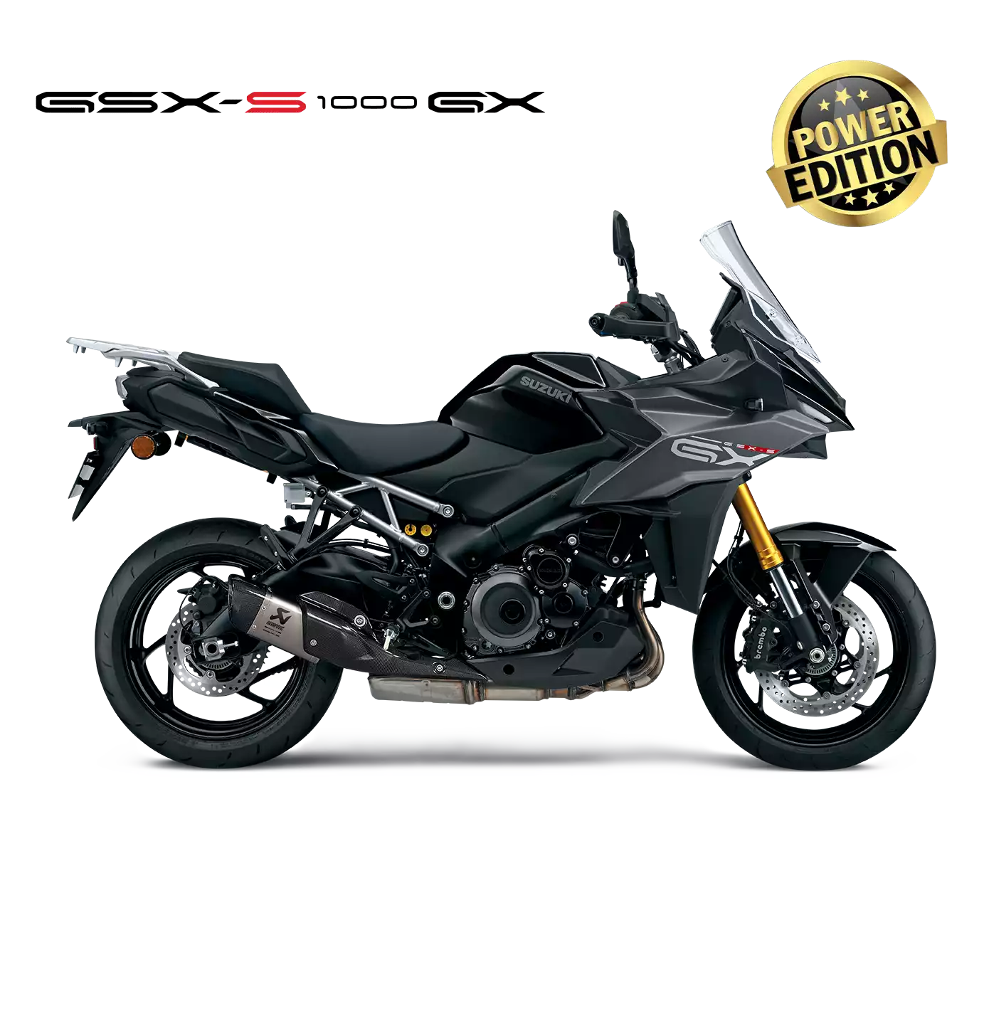Rechte Seitenansicht der GSX-S1000GX in Schwarz (YVB) mit Akrapovič Slip-On Endschalldämpfer