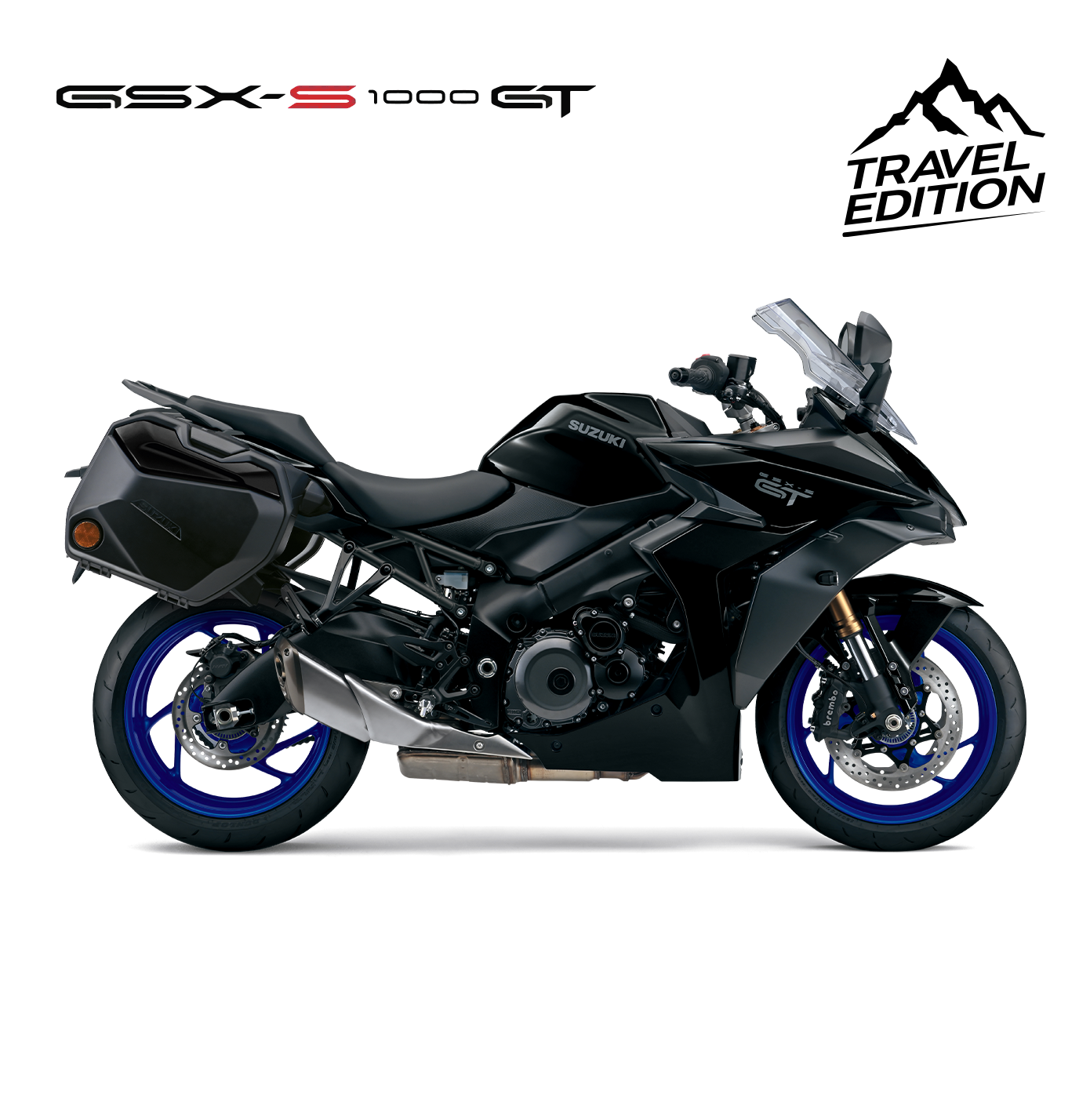 Suzuki GSX-S1000GT Travel Edition in Schwarz (YVB), ausgestattet mit robusten Seitenkoffern, ideal für lange Abenteuerreisen. Offizielles Modellbild mit Logo und 'Travel Edition'-Schriftzug.