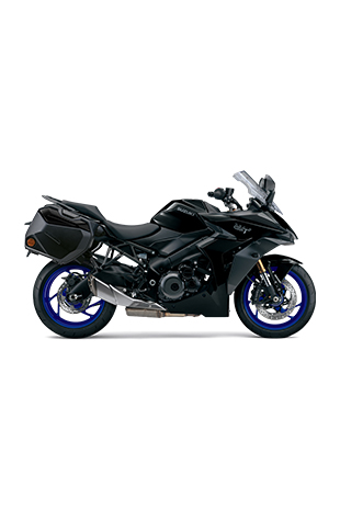 Suzuki GSX-S1000GT Travel Edition in Schwarz (YVB), ausgestattet mit robusten Seitenkoffern, ideal für lange Abenteuerreisen. Offizielles Modellbild mit Logo und 'Travel Edition'-Schriftzug.