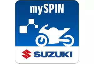 mySPIN Logo von Suzuki: Konnektivität für Motorräder, mit stilisiertem Bike und Suzuki Schriftzug.