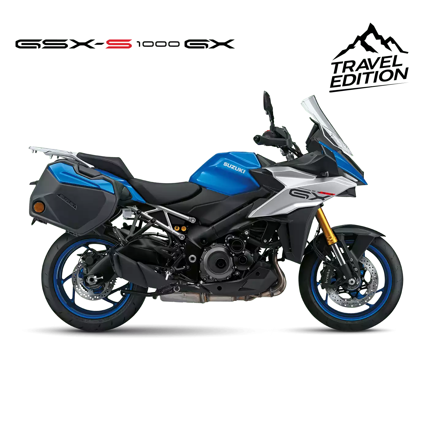 Suzuki GSX-S1000GX Travel Edition in Blau (YSF), ausgestattet mit robusten Seitenkoffern, Griffheizung und stabilem Hauptständer, ideal für lange Abenteuerreisen. Offizielles Modellbild mit Logo und 'Travel Edition'-Schriftzug.