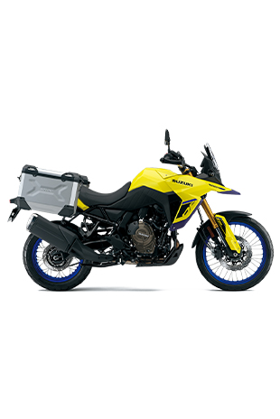 Rechte Seitenansicht der V-Strom 800DE Travel Edition (YU1) mit silbernem Seitenkoffer