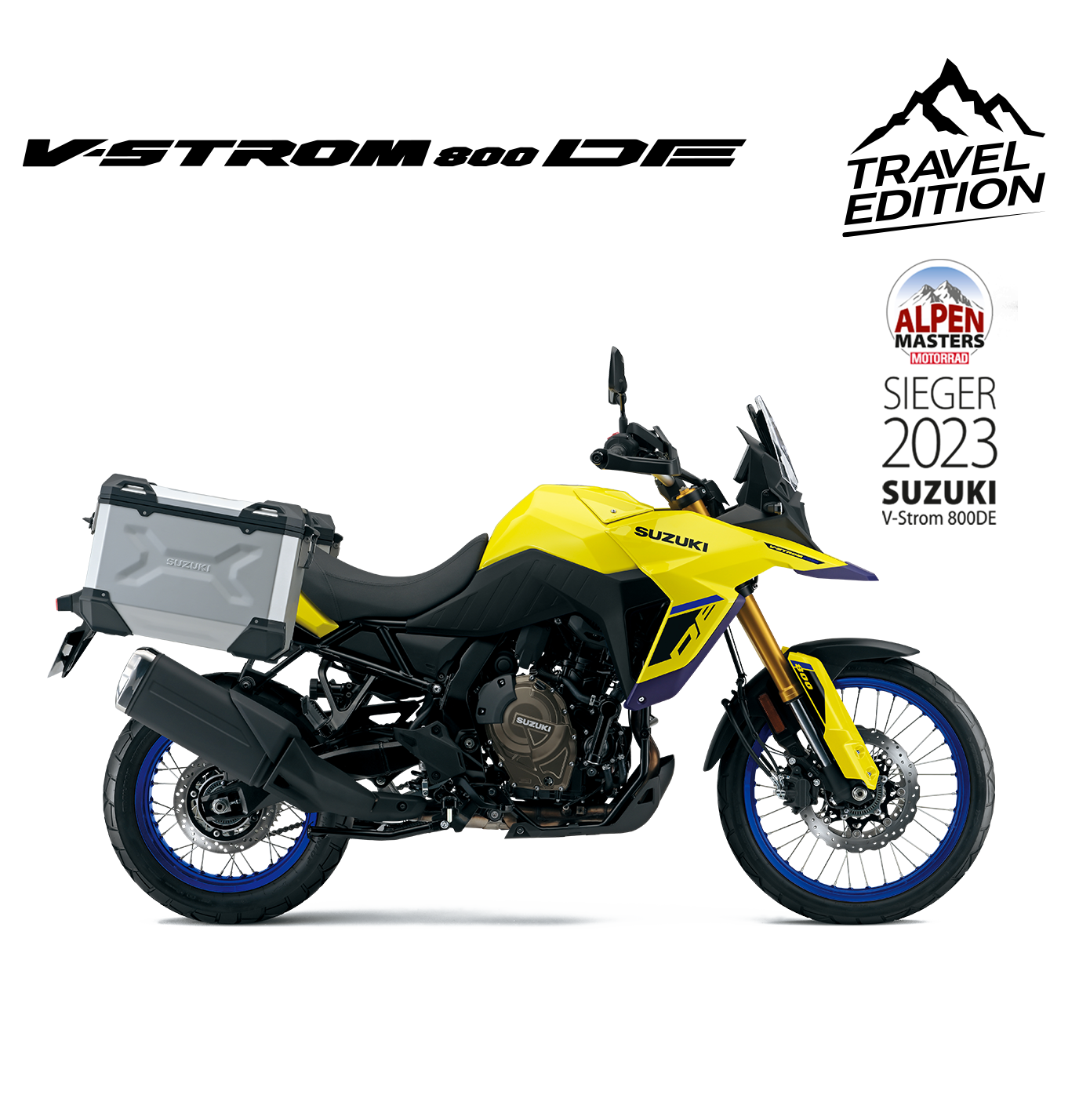 Rechte Seitenansicht der V-Strom 800DE Travel Edition (YU1) mit silbernem Seitenkoffer
