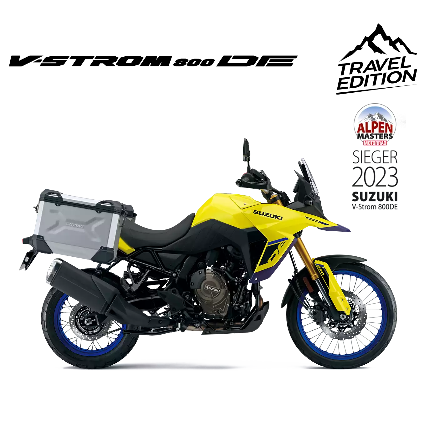 Rechte Seitenansicht der V-Strom 800DE Travel Edition (YU1) mit silbernem Seitenkoffer