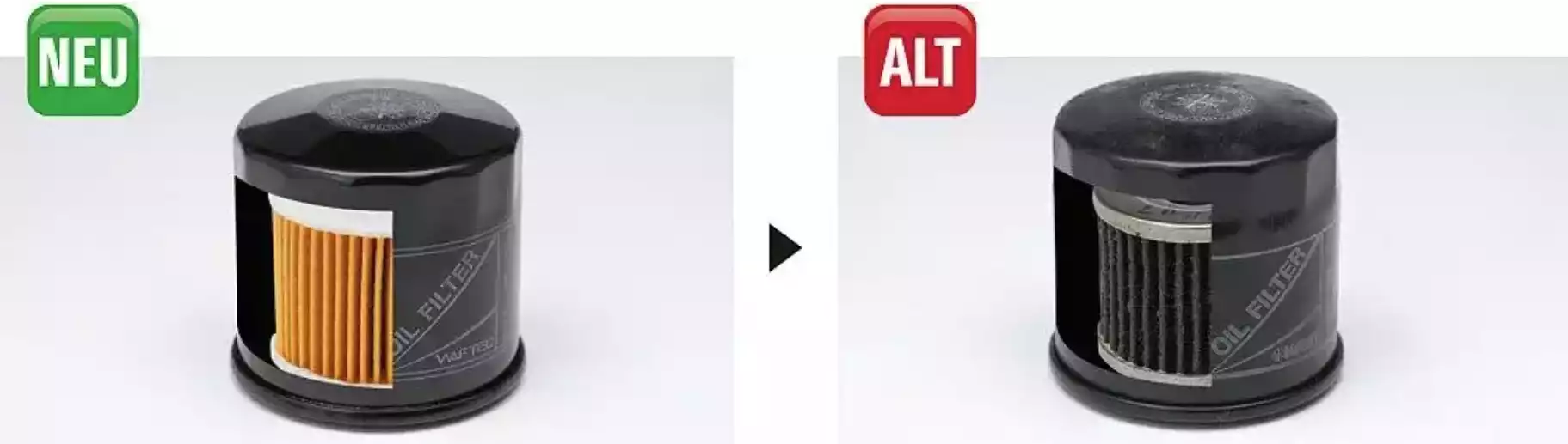 Vergleich von neuem und altem Suzuki Ölfilter zeigt den Verschmutzungsgrad des Filtermaterials.
